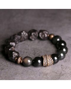 Buddha Stones Black Obsidian Ebony Wood Copper Strength Couple Bracelet - 18cm