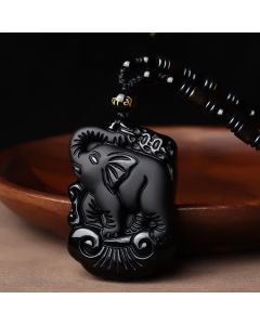 Black Obsidian Elephant Protection String Necklace Pendant Key Chain - Black Obsidian Key Chain