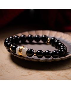 Buddha Stones Black Obsidian Jade Om Mani Padme Hum Strength Couple Magnetic Bracelet - 8mm&10mm
