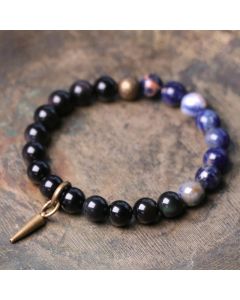 Buddha Stones Black Obsidian Sodalite Crystal Copper Strength Couple Bracelet - Black Obsidian&Sea Sediment Jasper / 15cm