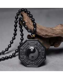 Buddha Stones Black Obsidian Stone Yin Yang Pendant Necklace - Obsidian(Pendant Size: 48*48mm)