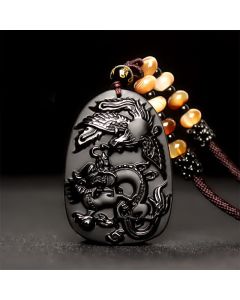 Buddha Stones Black Obsidian Tiger Eye Dragon Phoenix Protection Beaded Necklace Pendant - Obsidian Tiger Eye Bead Chain