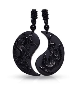 Buddha Stones Black Obsidian Yin Yang Dragon Phoenix Luck Necklace Pendant - Dragon&Phoenix