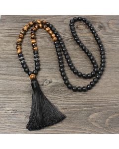 Buddha Stones Black Onyx Tiger Eye Fortune Bracelet Tassel Necklace Pendant - Black Onyx&Tiger Eye