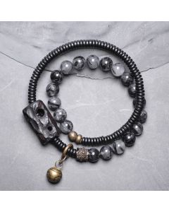 Buddha Stones Black Rutilated Quartz Ebony Wood Copper Wisdom Couple Bracelet - 18cm