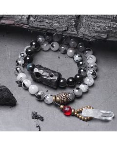 Buddha Stones Black Rutilated Quartz Ebony Wood White Crystal Success Couple Bracelet - 18cm