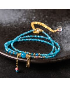 Buddha Stone 3mm Natural Apatite Ultra-thin Beads 14k Gold Plated Copper Creativity Triple Wrap Bracelet - 3mm Apatite(Wrist Circumference: 14-15cm)