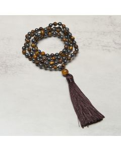 Buddha Stones 108 Beads Tiger Eye Hematite Tassel Courage Strength Mala - Tiger Eye&Hematite