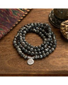 Buddha Stones 108 Mala Beads Multi-layer Natural Black Glitter Stone Lotus Positivity Bracelet - Black Glitter Stone(Wrist Circumference: 14-16cm)