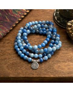 Buddha Stones 108 Mala Beads Multi-layer Natural Blue Aventurine Lotus Calm Bracelet - Blue Aventurine(Wrist Circumference: 14-16cm)
