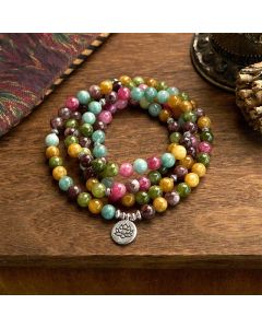 Buddha Stones 108 Mala Beads Multi-layer Natural Tourmaline Lotus Wisdom Bracelet - Tourmaline(Wrist Circumference: 14-16cm)