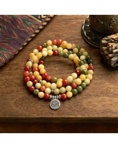 Buddha Stones 108 Mala Beads Natural Colored Stone Topaz Red Jasper Green Jasper Lotus Protection Bracelet - Topaz&Red Jasper&Green Jasper(Wrist Circumference: 14-16cm)