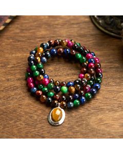 Buddha Stones 108 Mala Beads Natural Colorful Tiger Eye Stone Multi-turn Protection Bracelet - Colorful Tiger Eye  (Wrist Circumference: 14-16cm)