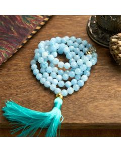 Buddha Stones 108 Mala Beads Natural Stone Aquamarine Tassel Lotus Healing Bracelet - Aquamarine(Wrist Circumference: 14-16cm)