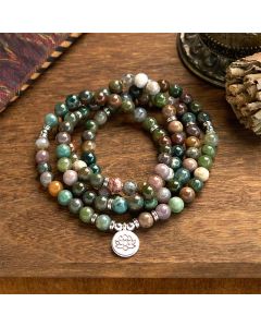 Buddha Stones 108 Mala Beads Natural Stone Indian Agate Lotus Calm Bracelet - Indian Agate(Wrist Circumference: 14-16cm)