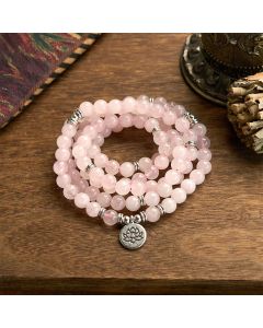 Buddha Stones 108 Mala Beads Natural Stone Rose Quartz Lotus Peace Bracelet - Rose Quartz(Wrist Circumference: 14-16cm)