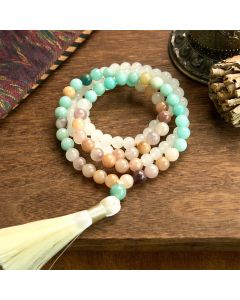 Buddha Stones 108 Mala Beads Natural White Jade Amazonite White Tassel Healing Bracelet - White Jade&Amazonite(Wrist Circumference: 14-16cm)