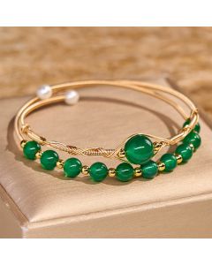 Buddha Stones 14K Gold Filled Copper Natural Green Agate Power Metal Cuff Bracelet Bangle - Green Agate(Wrist Circumference 14-16 cm)