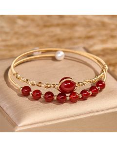 Buddha Stones 14K Gold Filled Copper Natural Red Agate Beads Confidence Metal Cuff Bracelet Bangle - Red Agate(Wrist Circumference 14-16 cm)