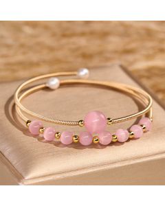 Buddha Stones 14K Gold Filled Copper Pink Cat Eye Support Metal Cuff Bracelet Bangle - Cat Eye(Wrist Circumference 14-16 cm)