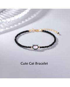 Buddha Stones 14K Gold Plated Black Spinel White Crystal Cute Cat Tridacna Stone Healing Bracelet - White Crystal&Tridacna Stone