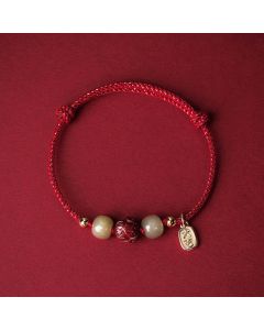 Buddha Stones 14K Gold Plated Hetian Jade Cinnabar Lotus Luck Handcrafted Rope Bracelet - Cyan Rope(Wrist Circumference 13-18cm)