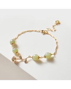 Buddha Stones 14K Gold Plated Hetian Jade Golden Rose Flower Luck Chain Bracelet - Jade(Prosperity♥Abundance)(Wrist Circumference 13-18cm)