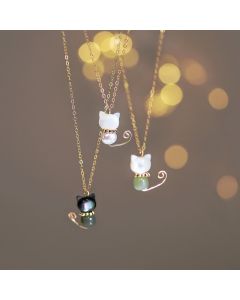 Buddha Stones 14K Gold Plated Pearl Hetian Jade Shell Luck Cat Kitten Necklace Pendant - Normal 14K Gold Plated / Shell&Cyan Jade