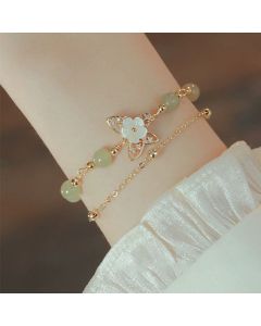 Buddha Stones 14K Gold Plated Jade Butterfly Tridacna Stone Flower Double Layer Luck Bracelet - Rose Flower Jade