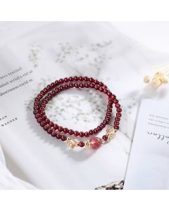 Buddha Stones 14K Gold Plated Natural Garnet Strawberry Quartz Butterfly Protection Double Wrap Bracelet - Garnet&Strawberry Quartz
