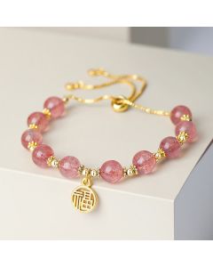 Buddha Stones 14K Gold Plated Natural Strawberry Quartz Fu Character Positive Charm Bracelet - Strawberry Quartz(Love♥Healing)(Wrist Circumference 15-18cm)