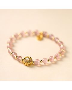 Buddha Stones 14K Gold Plated Natural Strawberry Quartz Labradorite Sun Stone Fu Character Positive Charm Bracelet - Sun Stone(Wrist Circumference 15-16cm)