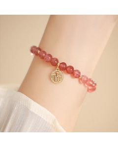 Buddha Stones 14K Gold Plated Strawberry Quartz Fu Character Healing Charm Bracelet - Strawberry Quartz(Love♥Healing)