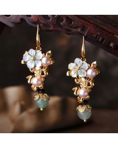 Buddha Stones 14K Gold Plated Tridacna Stone Flower Pearl Green Aventurine Bead Drop Earrings - Black Tridacna Stone Flower Pearl Red Bead