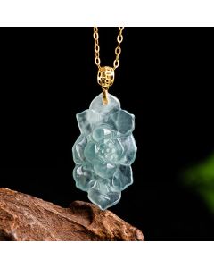 Buddha Stones Natural Jade Lotus Pattern Prosperity Titanium Steel Chain Necklace Pendant - Jade(Prosperity♥Abundance)