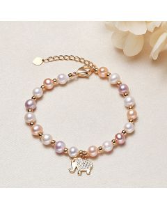 Buddha Stones 18K Gold Plated Pearl Elephant Zircon Charm Sincerity Bracelet - Pearl(Healing♥Wisdom)