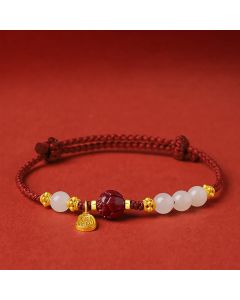 Buddha Stones 24K Gold Plated Hetian White Jade Cinnabar Lotus Luck Rope Bracelet - 13-18cm