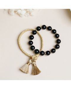 Buddha Stones 2Pcs Black Onyx Bead Support Protection String Bracelet - 20cm