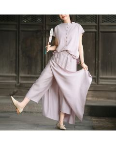 Buddha Stones 2Pcs Buttons Short Sleeve Shirt Top Skirt With Pockets Meditation Cotton Women's Set - LightPink Shirt and RosyBrown Skirt / US4,UK/AU8,EU36 (L)