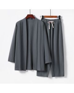 Buddha Stones 2Pcs Cotton Kimono Ankle-Length Pants Men's Meditation Cloth Set - Black / US/UK/AU46，EU56 (5XL)
