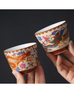 Buddha Stones 2Pcs Dragon Phoenix Ceramic Teacup Kung Fu Tea Cups - 2Pcs Dragon And Phoenix 8.3cm*5.3cm*150ml