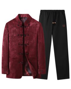 Buddha Stones 2Pcs Fall Winter Tang Style Elegant Frog Button Mandarin Collar Abstract Jacket Pants Men's Meditation Cloth With Pocket - FireBrick / US/UK/AU36,EU46 (L)
