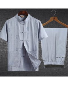 Buddha Stones 2Pcs Frog-Button Fu Character Dragon Bamboo Leaf Short Sleeve Shirt Pants Men's Set - LightBlue / Bamboo Leaf / US/UK/AU42,EU52 (2XL)