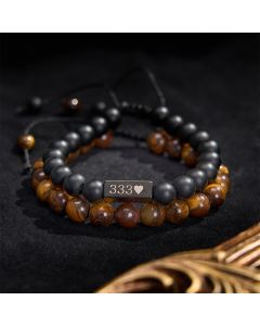 Buddha Stones 2Pcs Frosted Stone Tiger Eye 333 222 111 11:11 444 Angel Number Cure Bracelet - 444