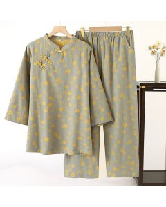 Buddha Stones 2pcs Colorful Floral Long Sleeve Frog-Button Shirt Pants With Pockets Pure Cotton Set - DarkSeaGreen / US4，UK/AU8，EU36 (L)