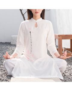 Buddha Stones 2Pcs Lotus Pattern Tai Chi Meditation Yoga Cotton Linen Clothing Top Pants Women's Set - White(Top&Pants) / US2，UK/AU6，EU34 (S)