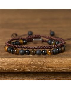 Buddha Stones 2Pcs Natural Tiger Eye Black Obsidian Protection String Bracelet - Blue Tiger's Eye(Wrist Circumference:16-28cm)