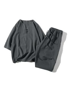 Buddha Stones 2Pcs Plain Notched Collar T-Shirt Wide Leg Shorts With Pockets Men's Meditation Cloth Set - Silver / US/UK/AU46，EU56 (5XL)