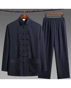 Buddha Stones 2Pcs Plain Tang Suit Men's Frog-Button Long Sleeve Shirt Pants Set - Bisque / Shirt / US/UK/AU42，EU52 (4XL)