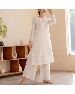 Buddha Stones 2Pcs Simple Design Tai Chi Meditation Yoga Clothing Top Pants Women's Set - White(Top&Pants) / US8-10，UK/AU12-14，EU40-42 (L)